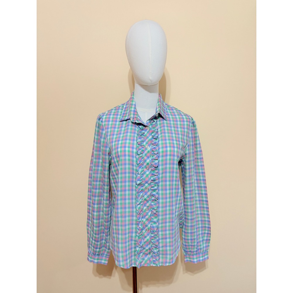 Vintage Russ Togs Pastel Gingham Ruffle Trim Button Up Blouse Medium Excellent